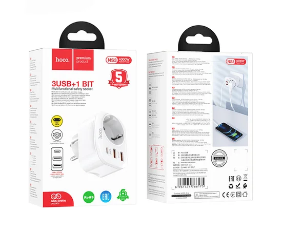 СЗУ Hoco NS3 Multifunctional PD20W (2USB/1Type-C/1xSocket) White