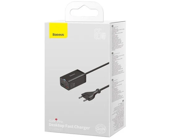 СЗУ Baseus GaN3 Pro 2хType-C+2USB 65W EU (with Cable Type-C to Type-C 100W (20V/5A) 1m) (CCGP04) Black