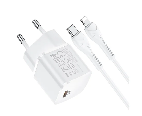 СЗУ HOCO N10 Starter single port PD 20W + Type-C to Lightning Белый