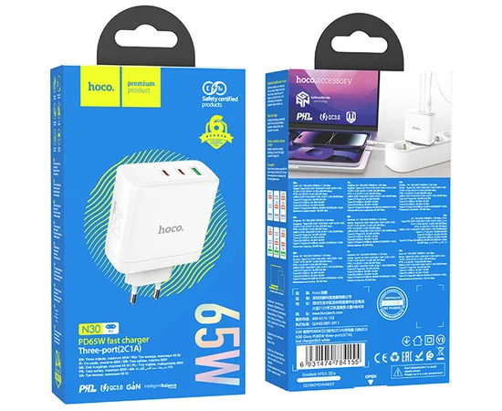 СЗУ Hoco N30 Glory PD65W (2Type-C/1USB) White