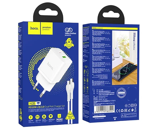 СЗУ Hoco N28 Founder PD20W+QC3.0 + Type-C to Type-C White