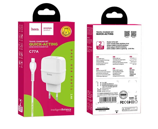 СЗУ Hoco C77A (2USB/2.4A) + Lightning Белый