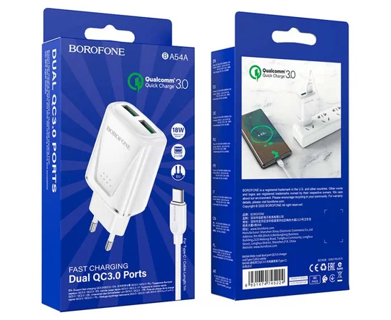 СЗУ Borofone BA54A Wide road QC3.0 (2USB) + Type-C White