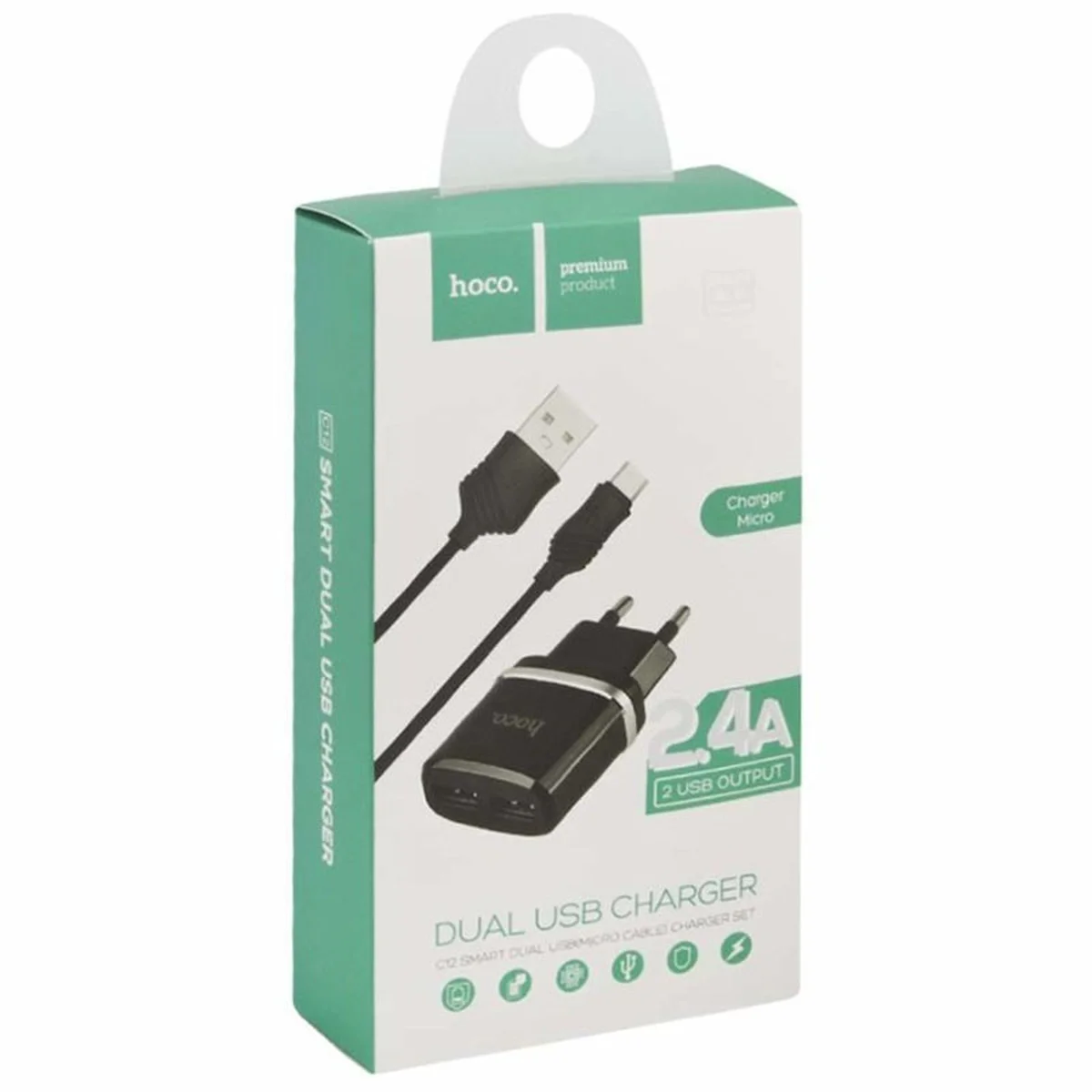СЗУ Hoco C12 Charger + Cable (Micro) 2.4A 2USB Черный