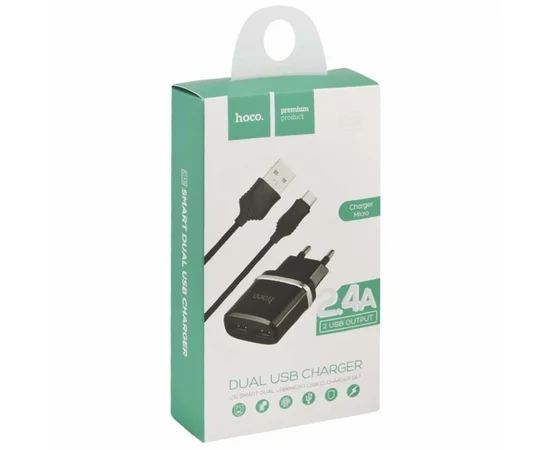 СЗУ Hoco C12 Charger + Cable (Micro) 2.4A 2USB Черный