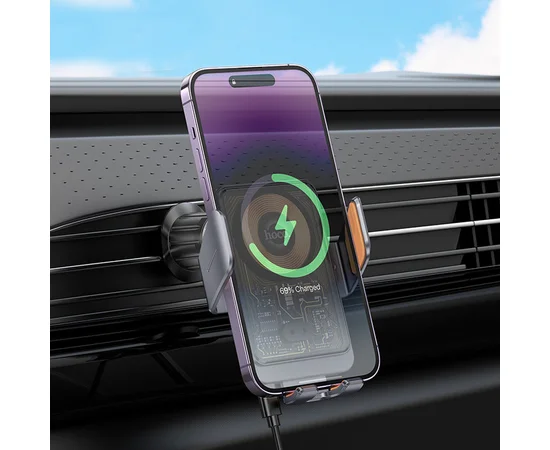 Автодержатель с БЗУ Hoco HW7 Transparent Discovery Edition (air outlet) Metal gray