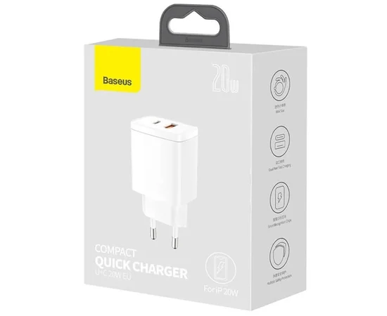 СЗУ Baseus Compact Quick Charger 20W QC + PD (Type-C + 1USB) (CCXJ-B) White