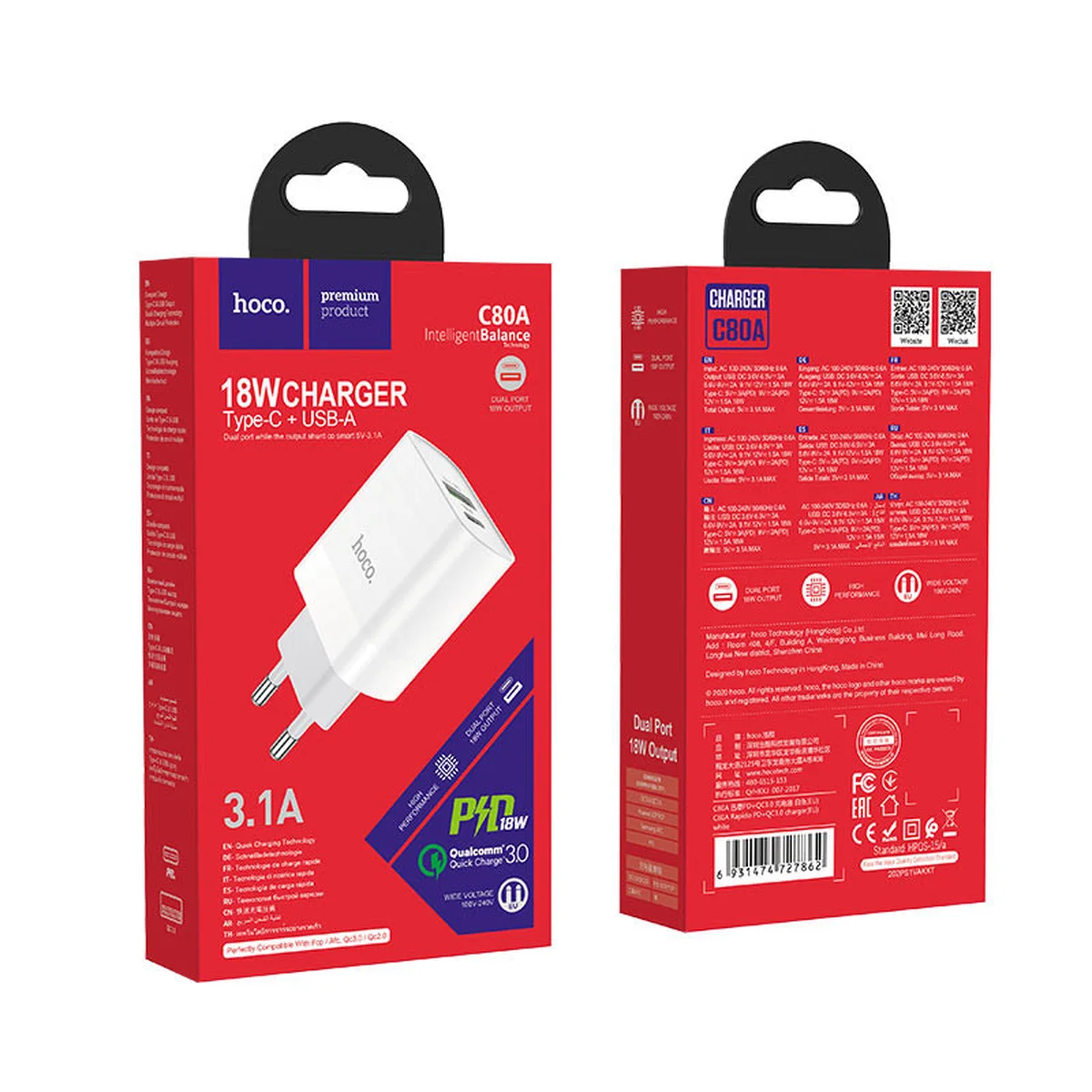 СЗУ HOCO C80A PD+QC3.0 (1USB/3.1A) Белый