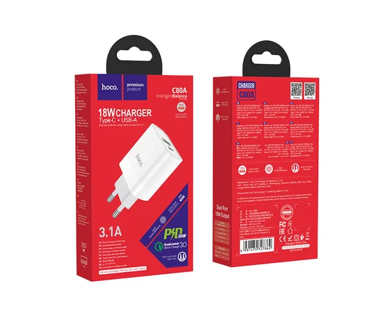 СЗУ HOCO C80A PD+QC3.0 (1USB/3.1A) Белый
