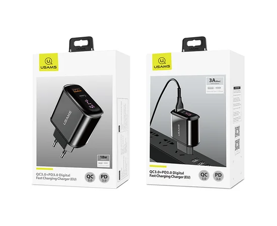 СЗУ USAMS US-CC085 T23 QC3.0+PD3.0 Fast Charger (EU)+U31 Type-C to Lightning PD Fast Charging 1.2m Черный