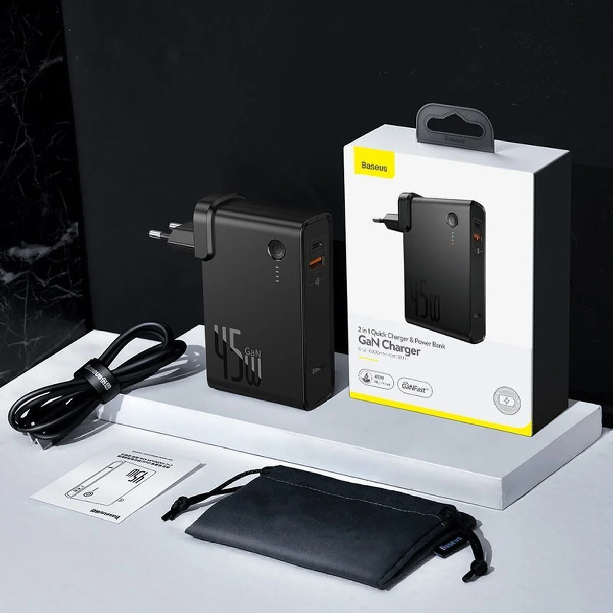 СЗУ + Power Bank 2in1 Baseus GaN (2 Type-C/ 45W) + 10 000 mAh Черный