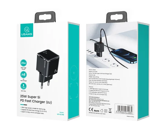СЗУ Usams US-CC140 T42 25W Super Si (1Type-C/25W) Черный