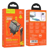 СЗУ Hoco N34 Dazzling PD20W+QC3.0 + Type-C to Type-C Transparent black