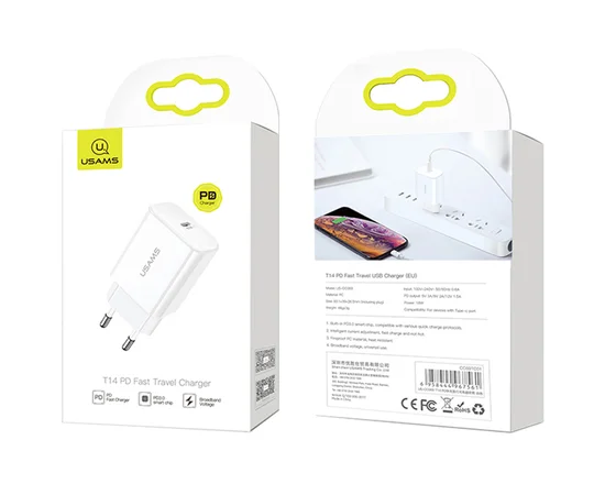 СЗУ USAMS US-CC069 T14 PD Fast Travel USB Charger (EU) Белый