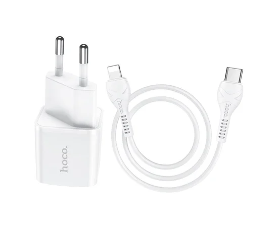 СЗУ HOCO N10 Starter single port PD 20W + Type-C to Lightning Белый