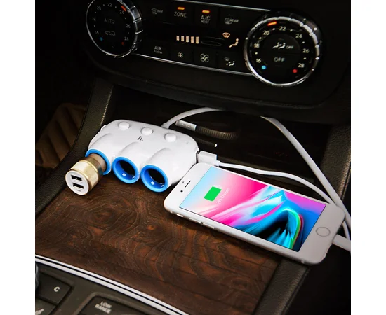 АЗУ с разветвителем прикуривателя Hoco C1 (3 порта+2USB/3.1A) White