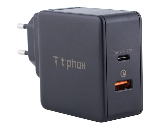 СЗУ PD адаптер T-phox (48W: PD 30W + USB QuickCharge QC 3.0 18W) Черный