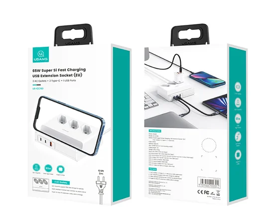 СЗУ Usams US-CC160 P1 65W Super Si Fast Charging USB Extension Socket White