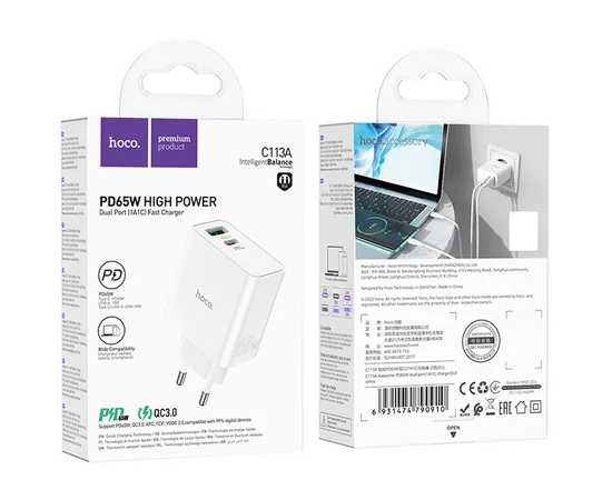 СЗУ Hoco C113A Awesome PD65W (1USB/1Type-C) White