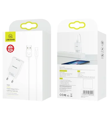СЗУ USAMS T21 Charder kit - T18 single USB + Uturn Lightning cable Белый