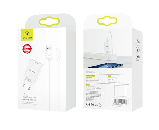 СЗУ USAMS T21 Charder kit - T18 single USB + Uturn Lightning cable Белый