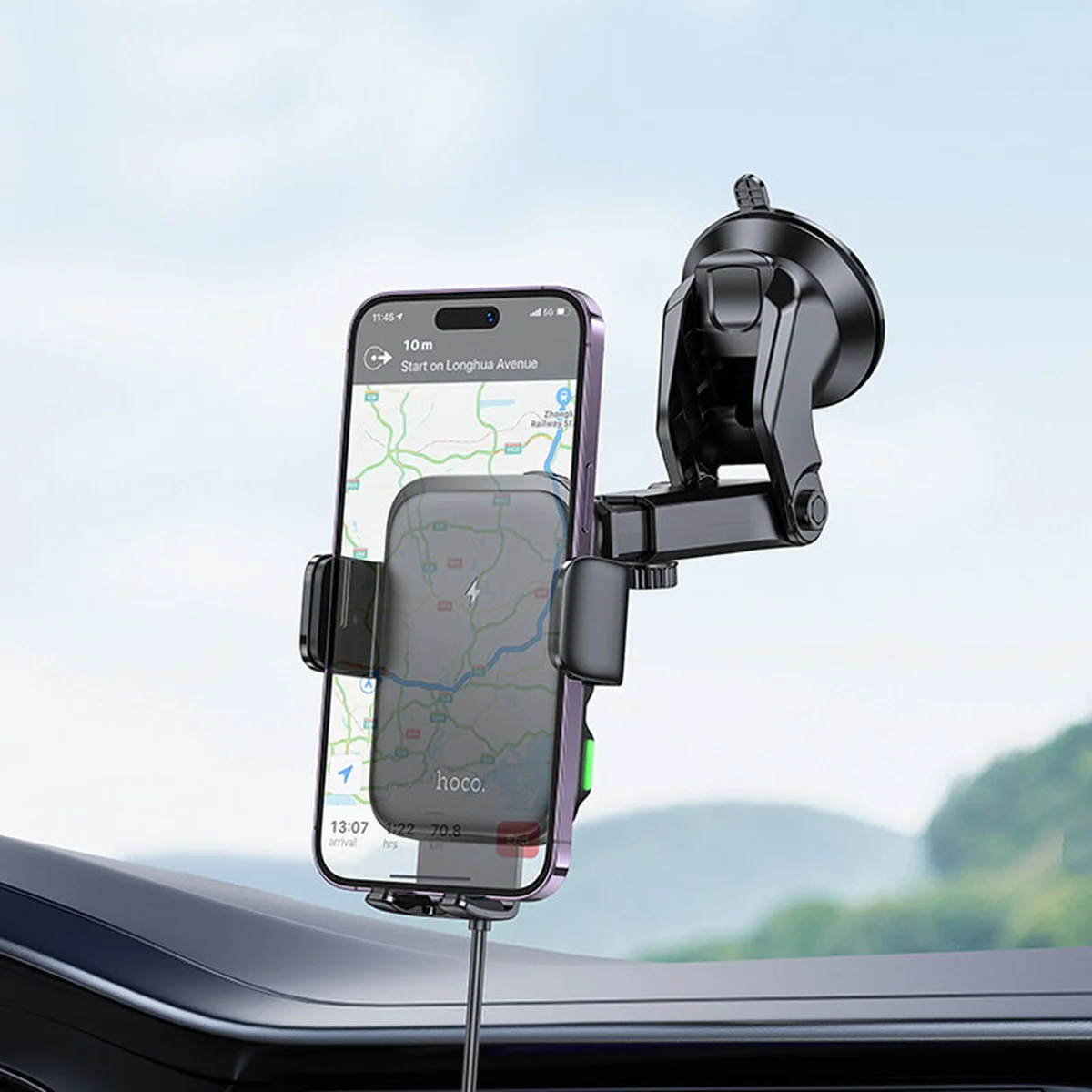 Автодержатель с БЗУ Hoco HW11 Jenny three-axis linkage (center console) Black