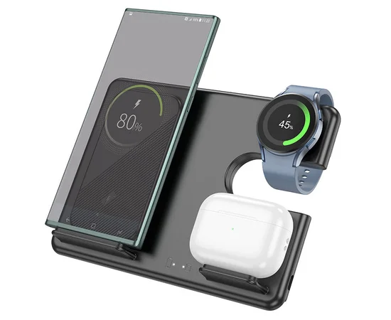 БЗУ Hoco CQ2 Flash folding 3-in-1 wireless fast charger (for Samsung Watch) Black