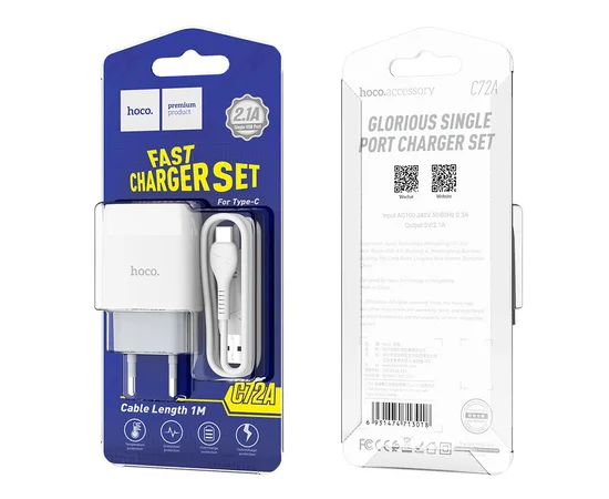 СЗУ Hoco C72A (1USB/2.1A) + Type-C Белый