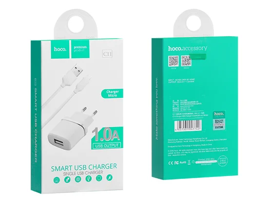 СЗУ Hoco C11 USB Charger 1A (+кабель microUSB 1м) Белый