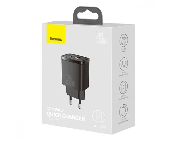 СЗУ Baseus Compact Quick Charger 20W QC+ PD (Type-C + 1USB) (CCXJ-B) Black