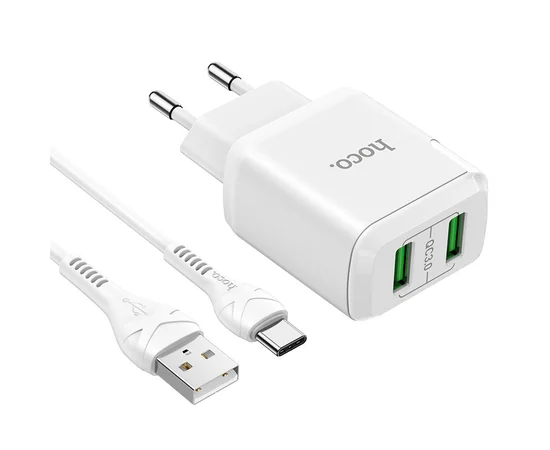 СЗУ HOCO N6 QC3.0 (2USB/3A) + USB - Type-C Белый