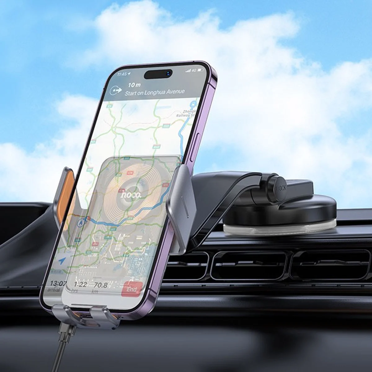 Автодержатель с БЗУ Hoco HW8 Transparent Discovery Edition (center console) Metal gray