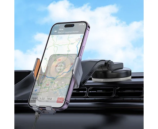 Автодержатель с БЗУ Hoco HW8 Transparent Discovery Edition (center console) Metal gray