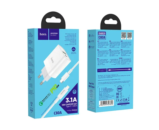 СЗУ HOCO C80A PD+QC3.0 (1USB/3.1A) Type-C to lightning Белый