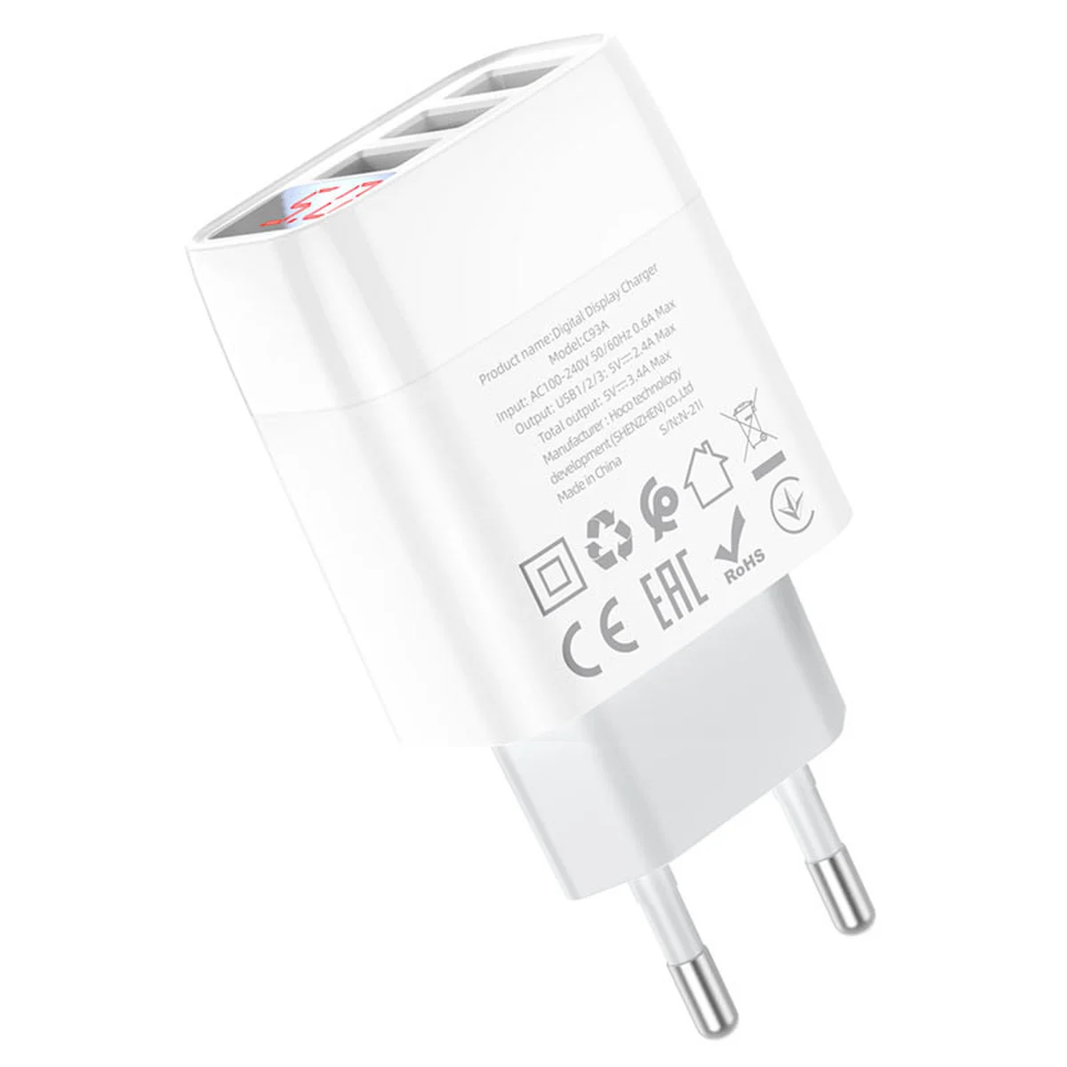 СЗУ Hoco C93A Ease charge 3-port digital display charger Білий