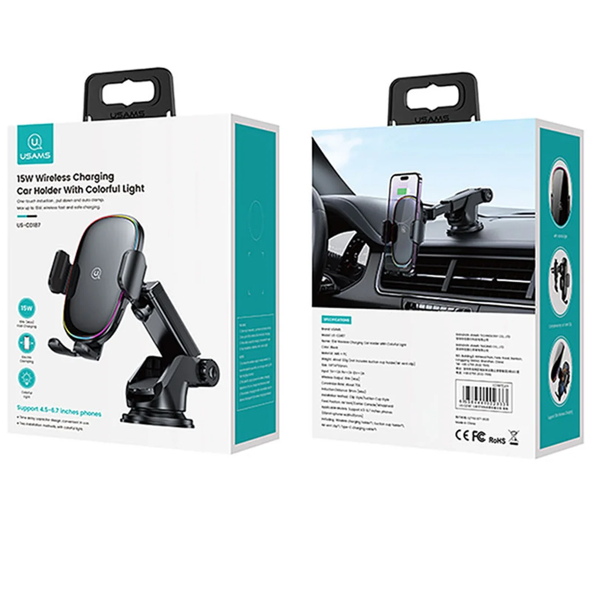 Автоутримувач із БЗУ Usams US-CD187 15W with Colorful Light Black