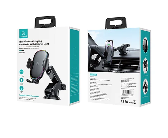 Автодержатель с БЗУ Usams US-CD187 15W with Colorful Light Black