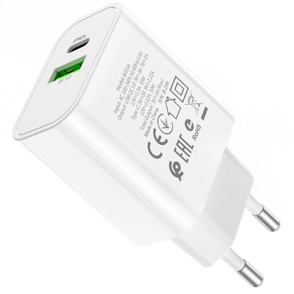 СЗУ Borofone BA55A PD20W+QC3.0 (1USB/1Type-C/3A) Белый