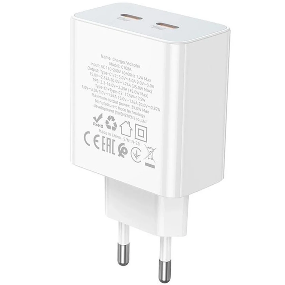 СЗУ Hoco C108A PD 35W (2 Type-C) White