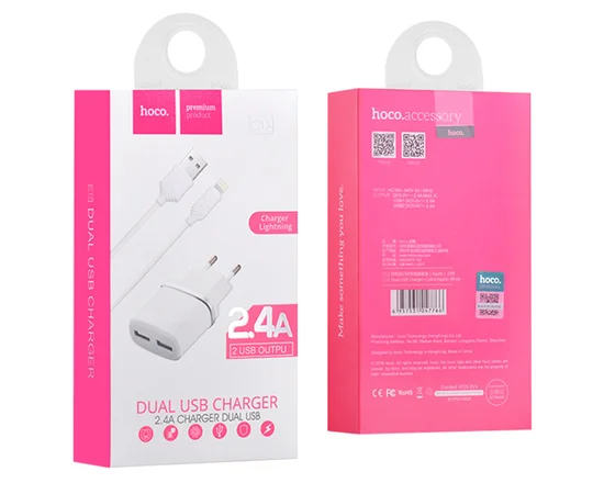 СЗУ Hoco C12 Dual USB Charger 2.1A (+кабель Lightning) Белый