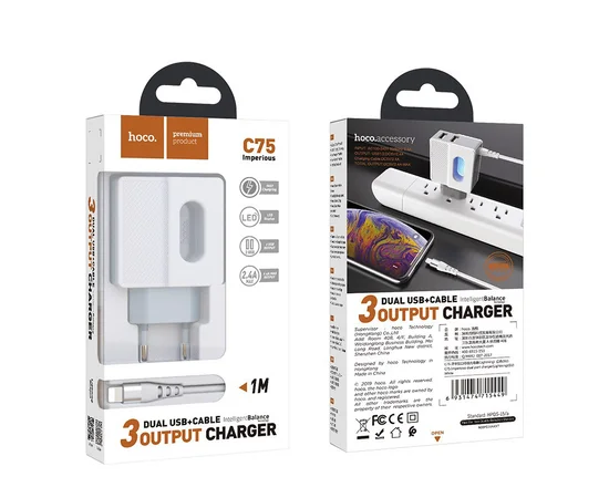 СЗУ Hoco C75 (2USB/2.4A) +lightning Белый