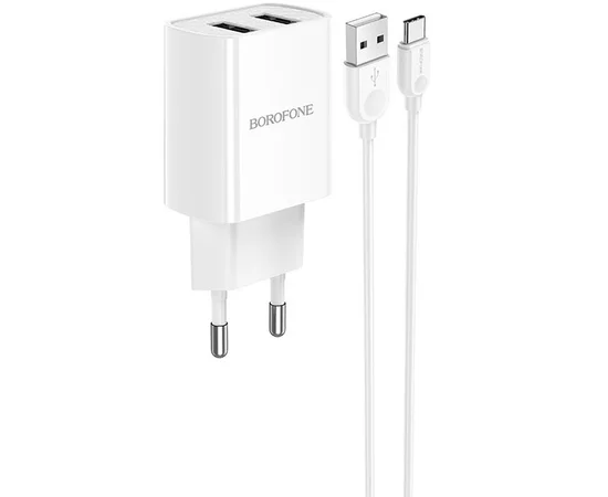 СЗУ Borofone BA53A Powerway (2USB/2.1A) + Type-C Белый
