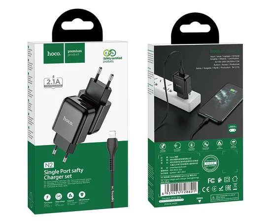 СЗУ HOCO N2 (1USB/2.1A) + USB - Lightning Черный