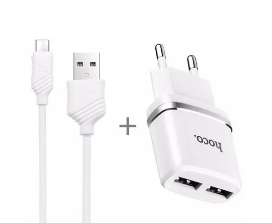 СЗУ Hoco C12 Dual USB Charger 2.1A (+кабель microUSB 1м) Белый