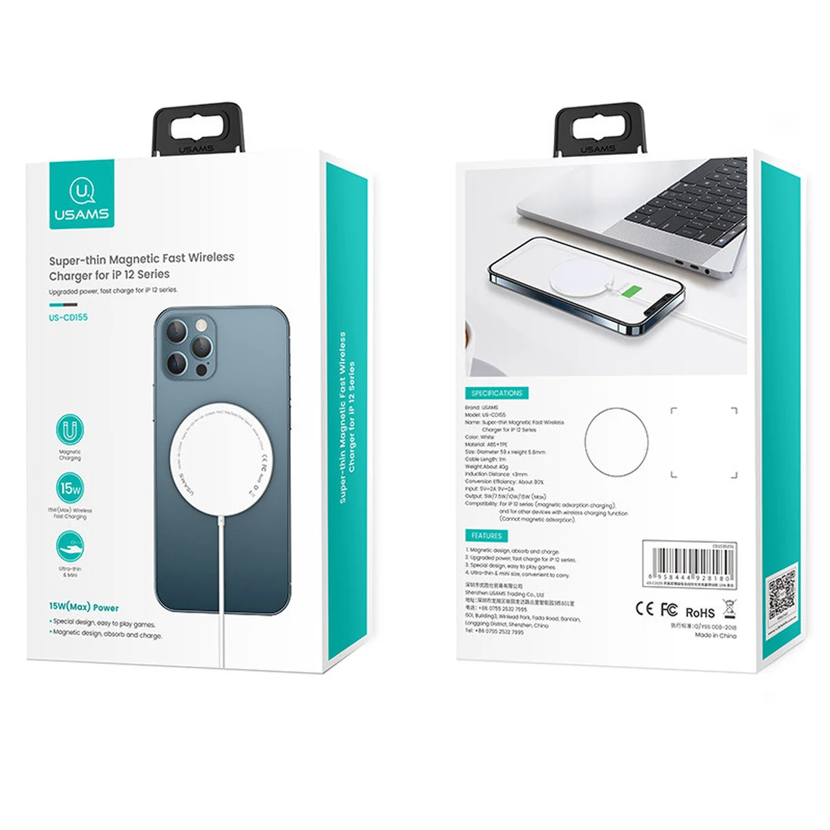 БЗУ Usams US-CD155 for iPhone 12, 15W (магнитный) Белый