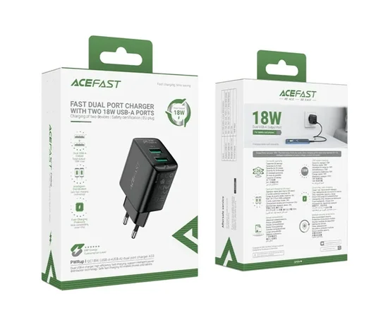СЗУ Acefast A33 QC18W (USB-A+USB-A) dual port Black