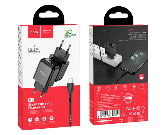 СЗУ HOCO N2 (1USB/2.1A) + USB - Type-C Черный