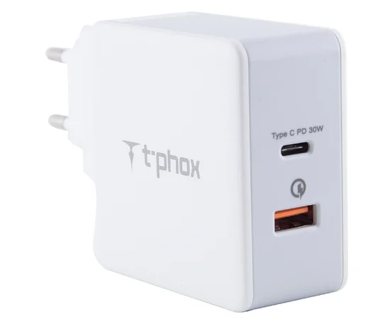 СЗУ PD адаптер T-phox (48W: PD 30W + USB QuickCharge QC 3.0 18W) Белый