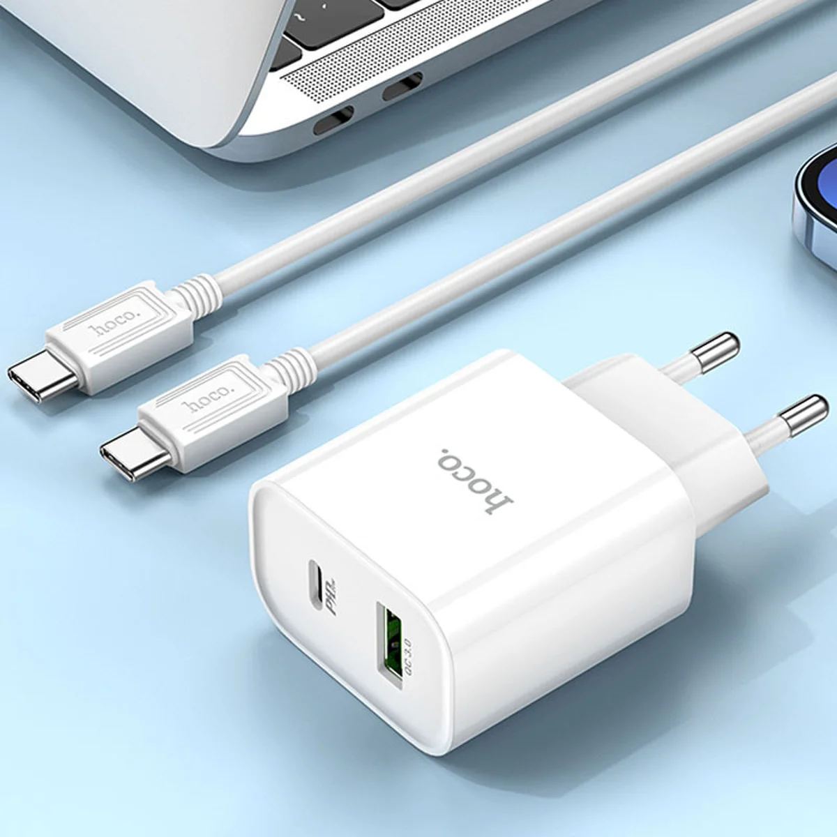 СЗУ HOCO C80A Plus Rapido PD20W+QC3.0 (1Type-C/1USB) + Type-C to Type-C White