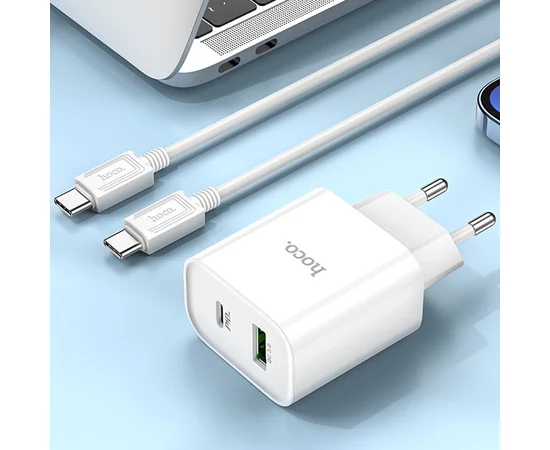 СЗУ HOCO C80A Plus Rapido PD20W+QC3.0 (1Type-C/1USB) + Type-C to Type-C White